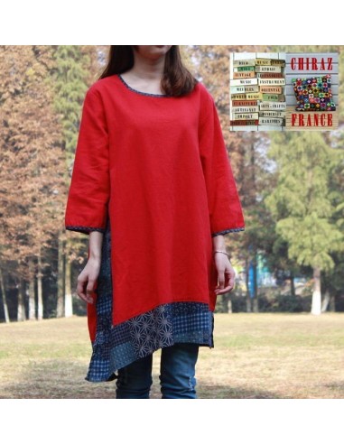 Tunique kaftan longue trapèze LIN rouge aplats Ming manches longues boho folk