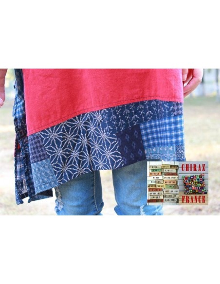 Tunique kaftan longue trapèze LIN rouge aplats Ming manches longues boho folk
