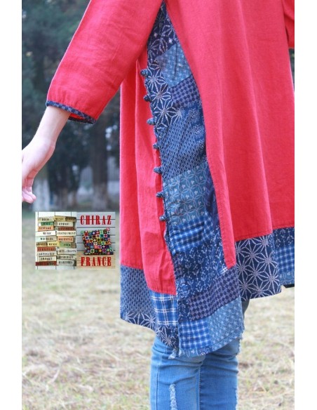 Tunique kaftan longue trapèze LIN rouge aplats Ming manches longues boho folk