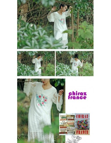 Robe blanche dentelle manches larges princesse légère coton rebrodée boho ethnique