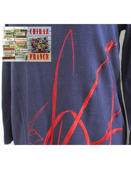 Robe longue LIN BLEU marine rebrodée bordeaux doublée fente taille souple effet ample boho ethnique folk