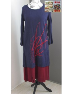 Robe longue LIN BLEU marine rebrodée bordeaux doublée fente taille souple effet ample boho ethnique folk