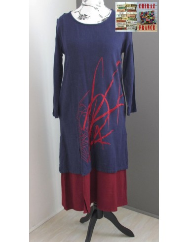 Robe longue LIN BLEU marine rebrodée bordeaux doublée fente taille souple effet ample boho ethnique folk