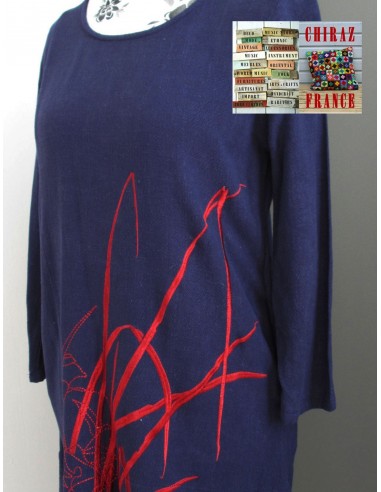 Robe longue LIN BLEU marine rebrodée bordeaux doublée fente taille souple effet ample boho ethnique folk