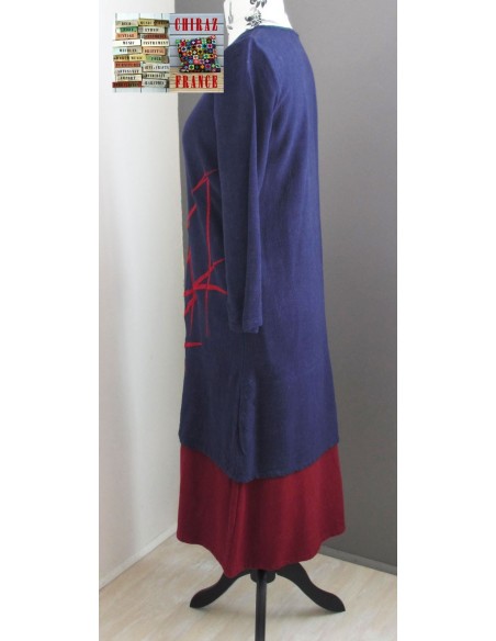 Robe longue LIN BLEU marine rebrodée bordeaux doublée fente taille souple effet ample boho ethnique folk