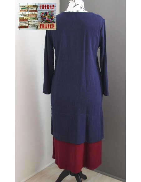 Robe longue LIN BLEU marine rebrodée bordeaux doublée fente taille souple effet ample boho ethnique folk