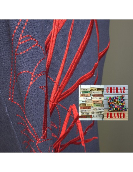 Robe longue LIN BLEU marine rebrodée bordeaux doublée fente taille souple effet ample boho ethnique folk