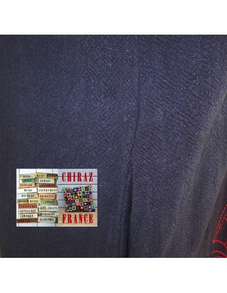 Robe longue LIN BLEU marine rebrodée bordeaux doublée fente taille souple effet ample boho ethnique folk