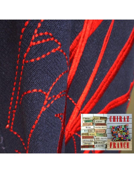 Robe longue LIN BLEU marine rebrodée bordeaux doublée fente taille souple effet ample boho ethnique folk