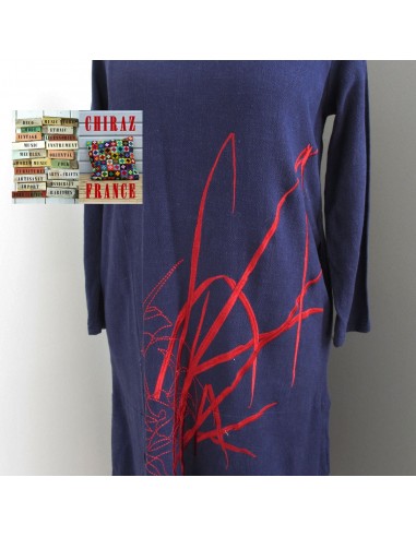 Robe longue LIN BLEU marine rebrodée bordeaux doublée fente taille souple effet ample boho ethnique folk