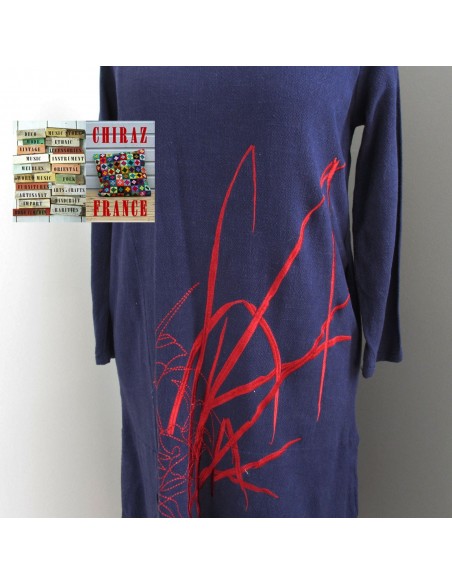 Robe longue LIN BLEU marine rebrodée bordeaux doublée fente taille souple effet ample boho ethnique folk