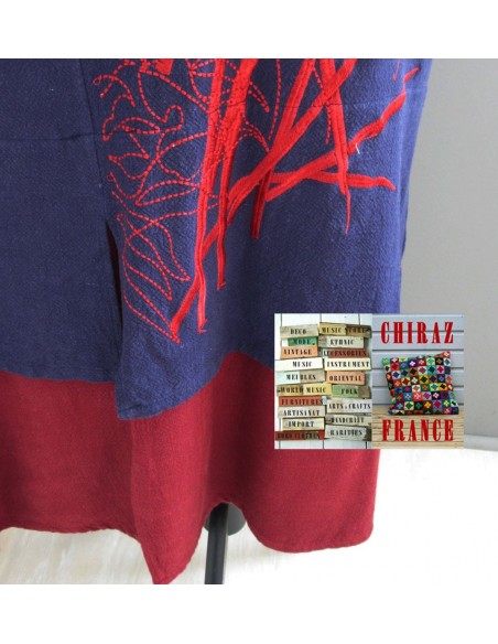 Robe longue LIN BLEU marine rebrodée bordeaux doublée fente taille souple effet ample boho ethnique folk