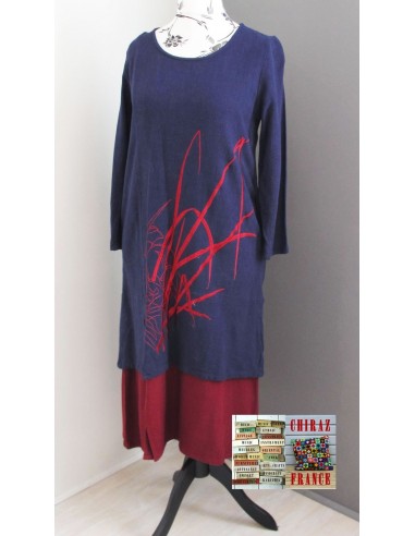 Robe longue LIN BLEU marine rebrodée bordeaux doublée fente taille souple effet ample boho ethnique folk