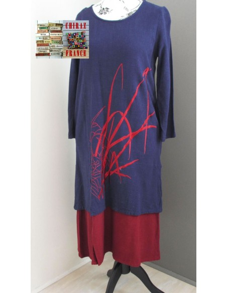 Robe longue LIN BLEU marine rebrodée bordeaux doublée fente taille souple effet ample boho ethnique folk