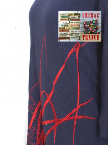 Robe longue LIN BLEU marine rebrodée bordeaux doublée fente taille souple effet ample boho ethnique folk