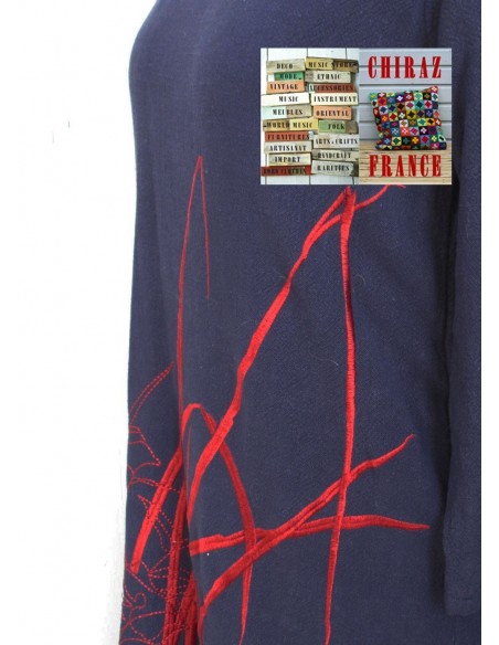 Robe longue LIN BLEU marine rebrodée bordeaux doublée fente taille souple effet ample boho ethnique folk