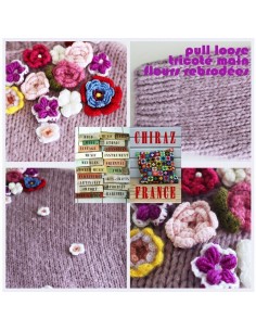 Pull tricoté main loose oversize lilas fleurs rebrodées 2