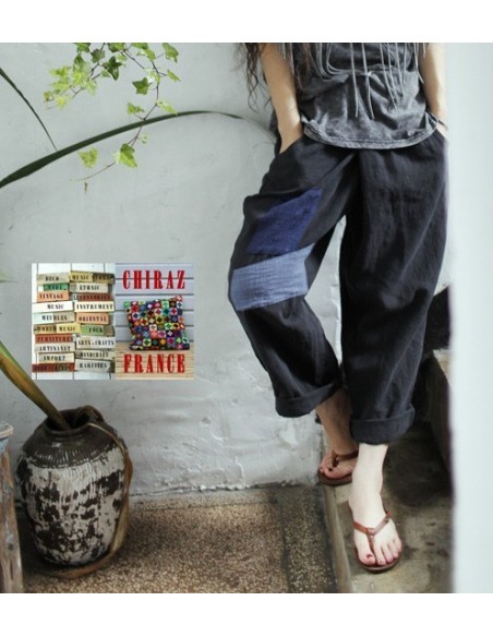 Pantalon baggy LIN NOIR thick pièces cousues boho ethnique créateur déstructuré