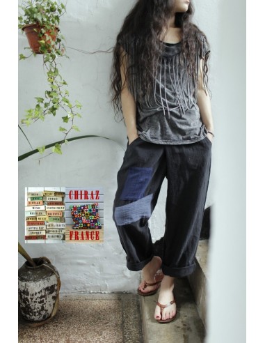 Pantalon baggy LIN NOIR thick pièces cousues boho ethnique créateur déstructuré