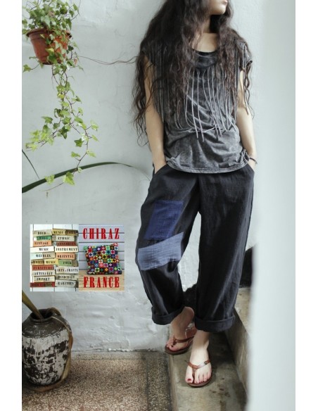 Pantalon baggy LIN NOIR thick pièces cousues boho ethnique créateur déstructuré