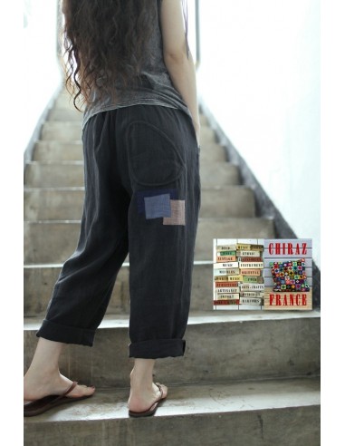 Pantalon baggy LIN NOIR thick pièces cousues boho ethnique créateur déstructuré