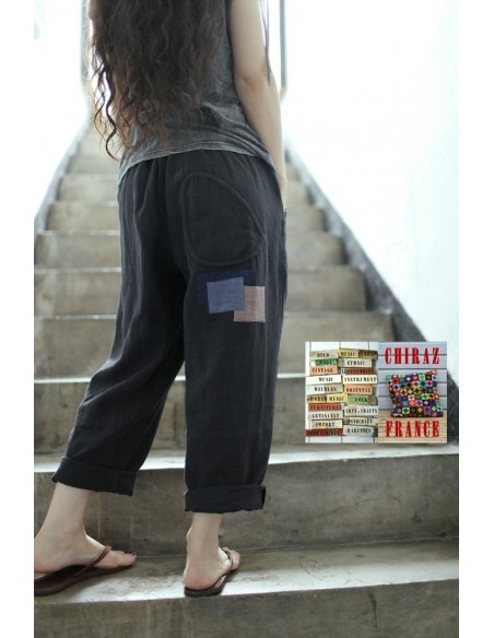 Pantalon baggy LIN NOIR thick pièces cousues boho ethnique créateur déstructuré