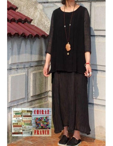 Robe longue LIN gaufré NOIR superposition et transparence boho ethnique folk