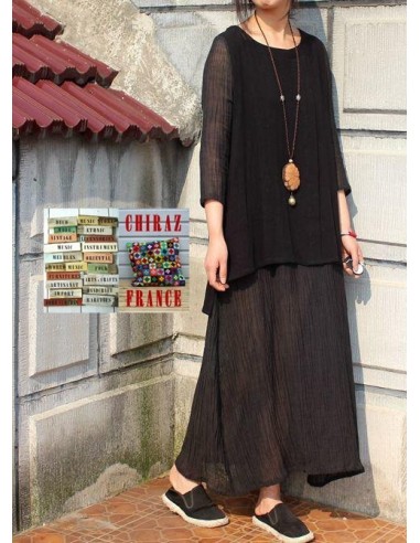 Robe longue LIN gaufré NOIR superposition et transparence boho ethnique folk