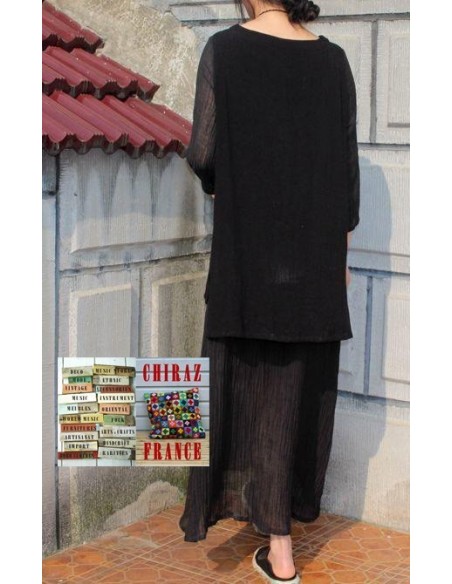 Robe longue LIN gaufré NOIR superposition et transparence boho ethnique folk