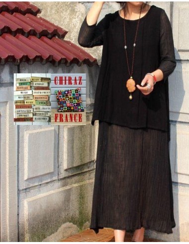 Robe longue LIN gaufré NOIR superposition et transparence boho ethnique folk