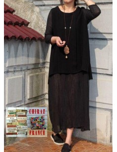 Robe longue LIN gaufré NOIR superposition et transparence boho ethnique folk