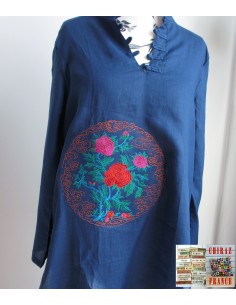 Tunique robe longue BLEU MARINE brodée double pans chanvre 2