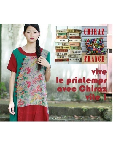 Tunique kaftan bords rouges longue trapèze chanvre vert ou bleu aplats fleurs boho folk