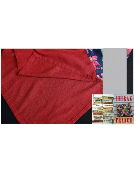 Tunique kaftan bords rouges longue trapèze chanvre vert ou bleu aplats fleurs boho folk
