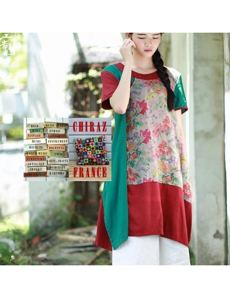Tunique kaftan bords rouges longue trapèze chanvre vert ou bleu aplats fleurs boho folk