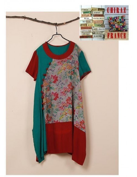 Tunique kaftan bords rouges longue trapèze chanvre vert ou bleu aplats fleurs boho folk