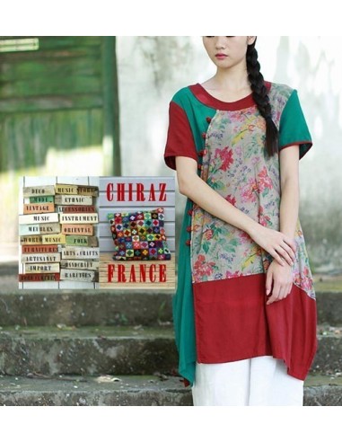 Tunique kaftan bords rouges longue trapèze chanvre vert ou bleu aplats fleurs boho folk
