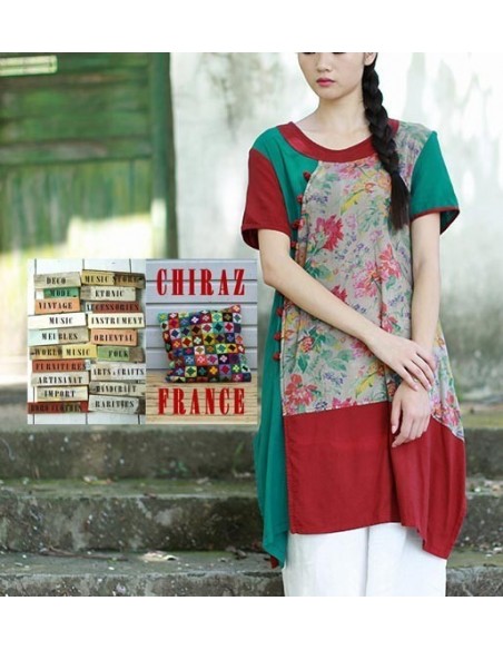 Tunique kaftan bords rouges longue trapèze chanvre vert ou bleu aplats fleurs boho folk