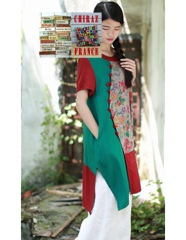 Tunique kaftan bords rouges longue trapèze chanvre vert ou bleu aplats fleurs boho folk