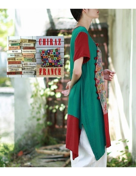 Tunique kaftan bords rouges longue trapèze chanvre vert ou bleu aplats fleurs boho folk