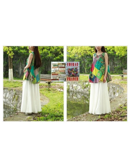 Tunique top patchwork coupe trapèze base arrondie poches débardeur boho ethnique