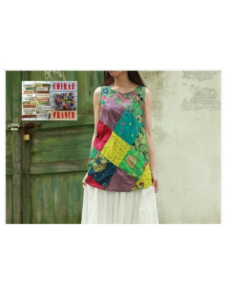 Tunique top patchwork coupe trapèze base arrondie poches débardeur boho ethnique