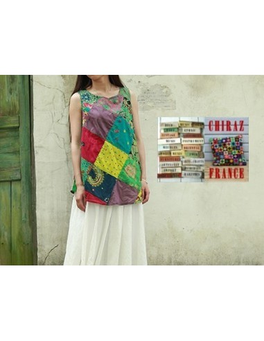 Tunique top patchwork coupe trapèze base arrondie poches débardeur boho ethnique