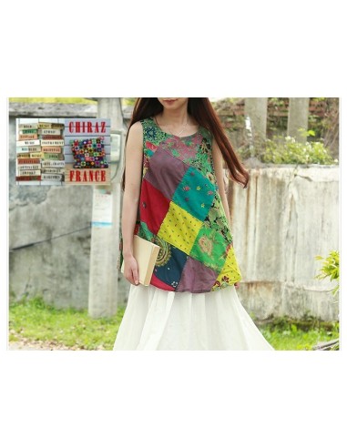 Tunique top patchwork coupe trapèze base arrondie poches débardeur boho ethnique