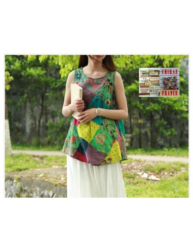 Tunique top patchwork coupe trapèze base arrondie poches débardeur boho ethnique
