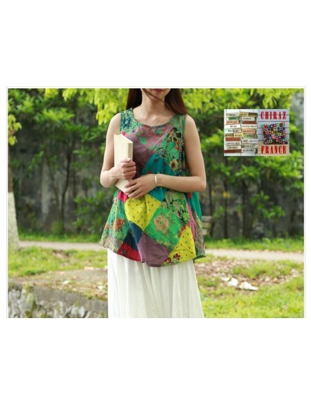 Tunique top patchwork coupe trapèze base arrondie poches débardeur boho ethnique