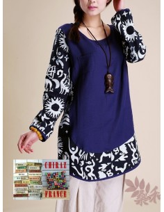 Tunique bleu lin et chanvre patchwork tissu ethnique boho 2