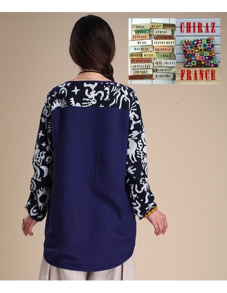 Tunique bleu lin et chanvre patchwork tissu ethnique boho