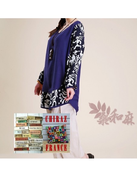Tunique bleu lin et chanvre patchwork tissu ethnique boho