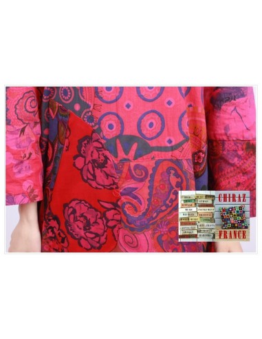 Tunique ou robe non doublée reteintée manches longues coupe tulipe PATCHWORK boho ethnique folk XL ROSE